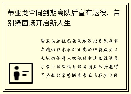蒂亚戈合同到期离队后宣布退役,告别绿茵场开启新人生 蒂亚戈合同到期离队后宣布退役,告别绿茵场开启新人生